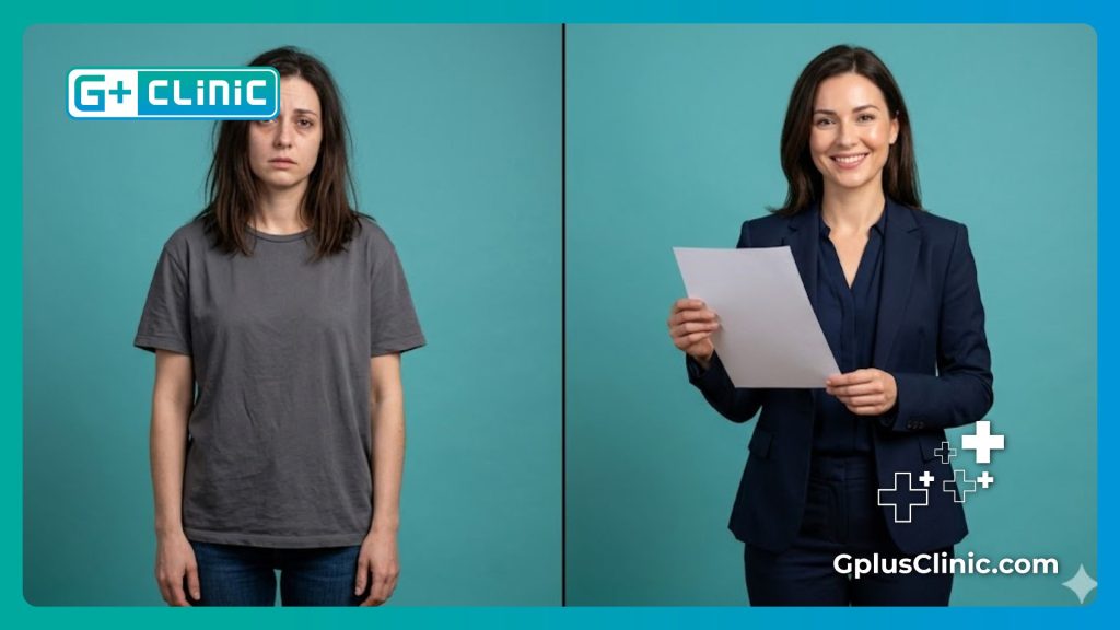 Comparaison avant et après montrant l'espoir et la transformation réussie.