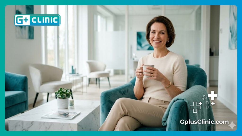 Mujer elegante y aliviada sonriendo en una sala de recuperación médica de lujo.