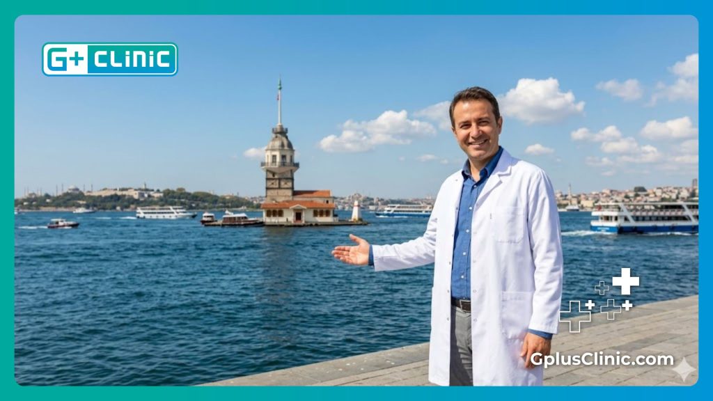 Cirujano amable dando la bienvenida a Estambul con el estrecho del Bósforo de fondo.
