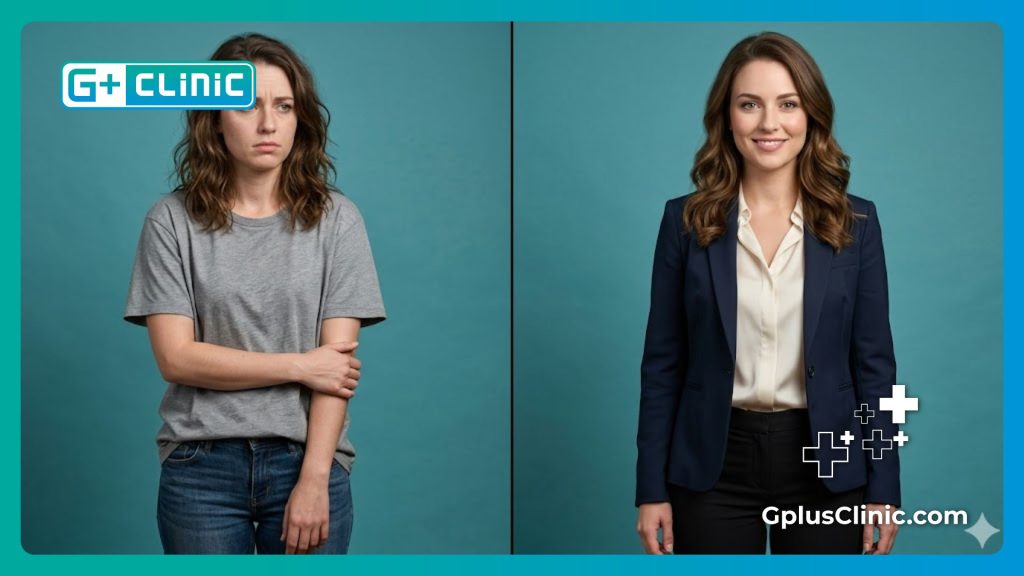 Split-screen showing patient relief and confidence after intimate treatment