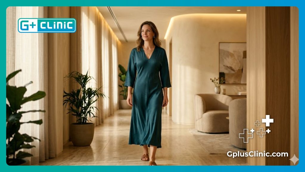 Mujer segura y elegante que refleja el éxito del procedimiento.