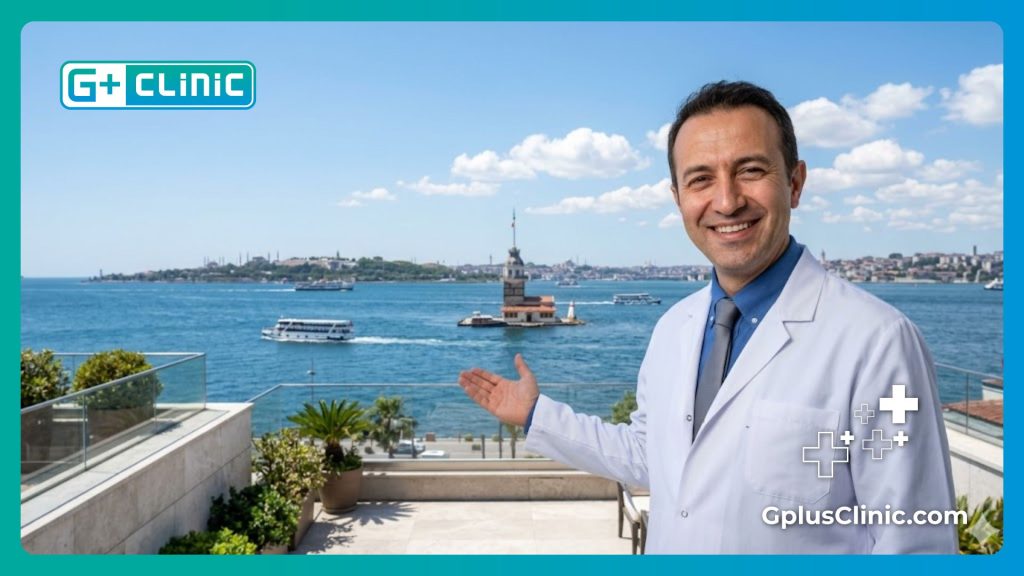 Médico amable dando la bienvenida a Estambul junto al Bósforo.