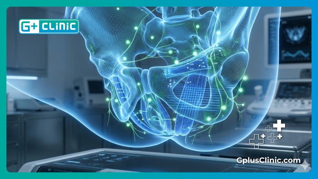 High-tech digital mesh visualization of the female pelvic anatomy ensuring safety.