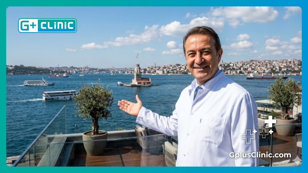 Friendly doctor welcoming the patient to Istanbul for treatment with landmarks in background.
