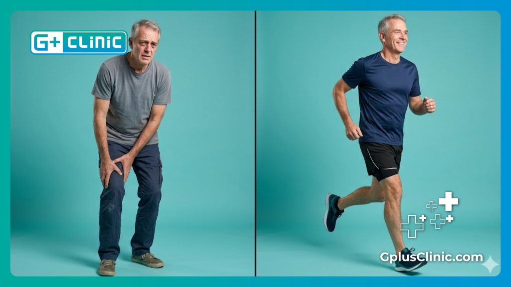 Split screen showing a patient's mobility transformation before and after knee therapy.