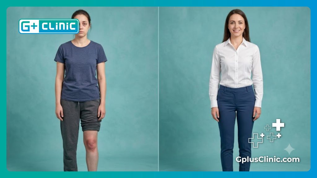 Pantalla dividida con el antes y después del tratamiento del derrame de rodilla