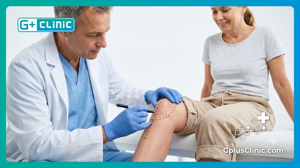 Médico marcando y preparando la rodilla del paciente para el procedimiento