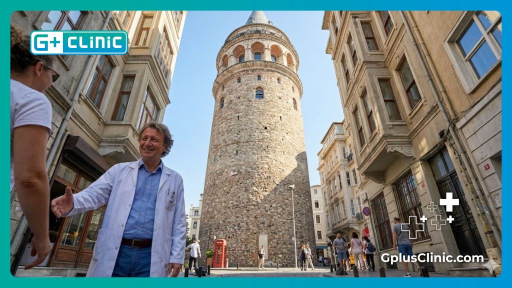 : Médecin accueillant chaleureusement une patiente à Istanbul devant la tour de Galata