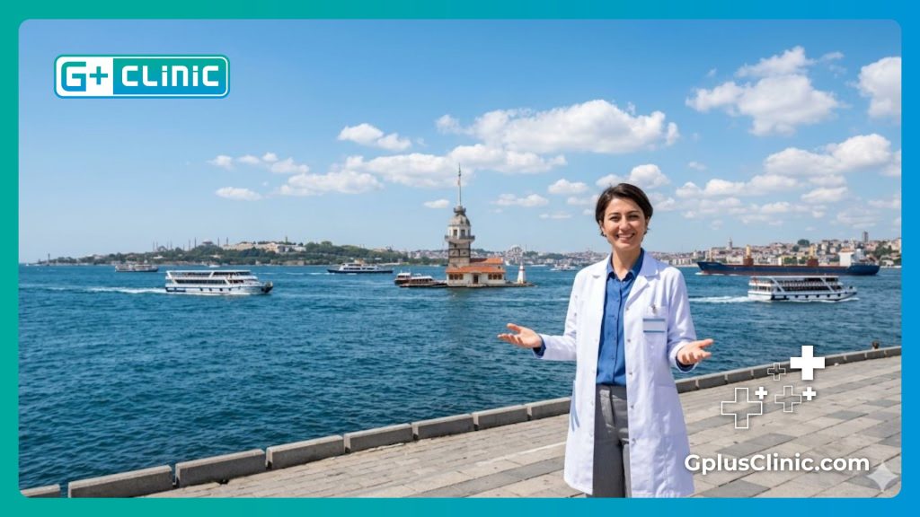 Médico sonriente dando la bienvenida en Estambul frente al Bósforo