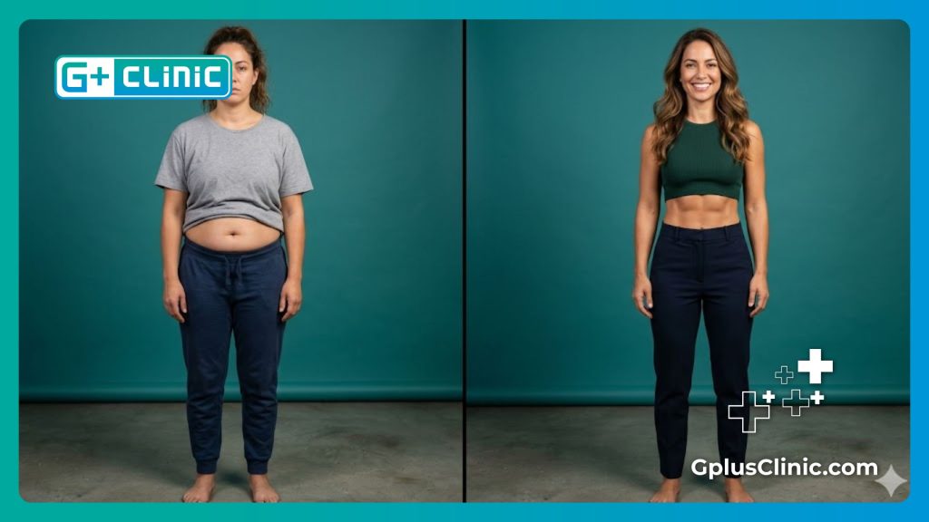 Escaneo digital en pantalla dividida que muestra la transformación precisa de la zona abdominal.