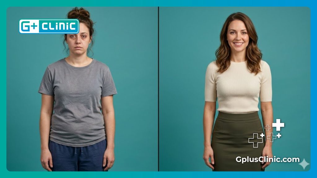 Split screen showing precise body contouring and abdominal fat reduction results