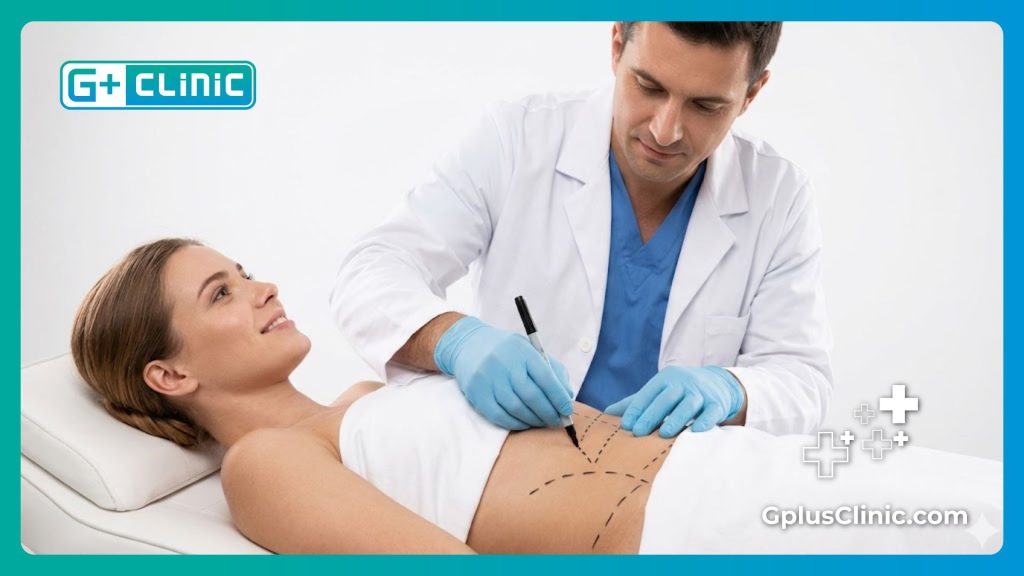 Surgeon drawing precise dotted guidelines on patient's abdomen
