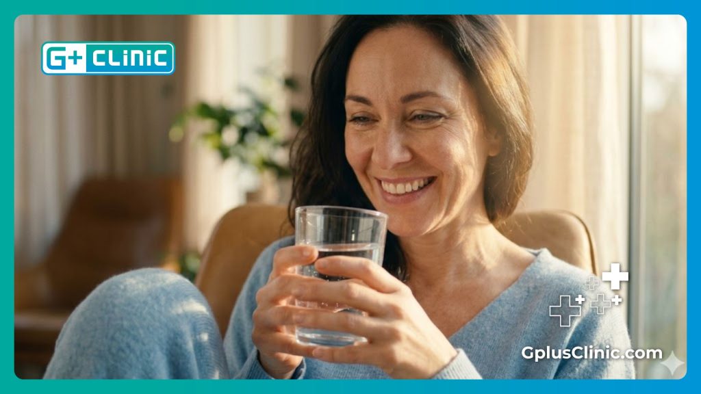 Счастливый пациент с бокалом чистой воды после успешной процедуры