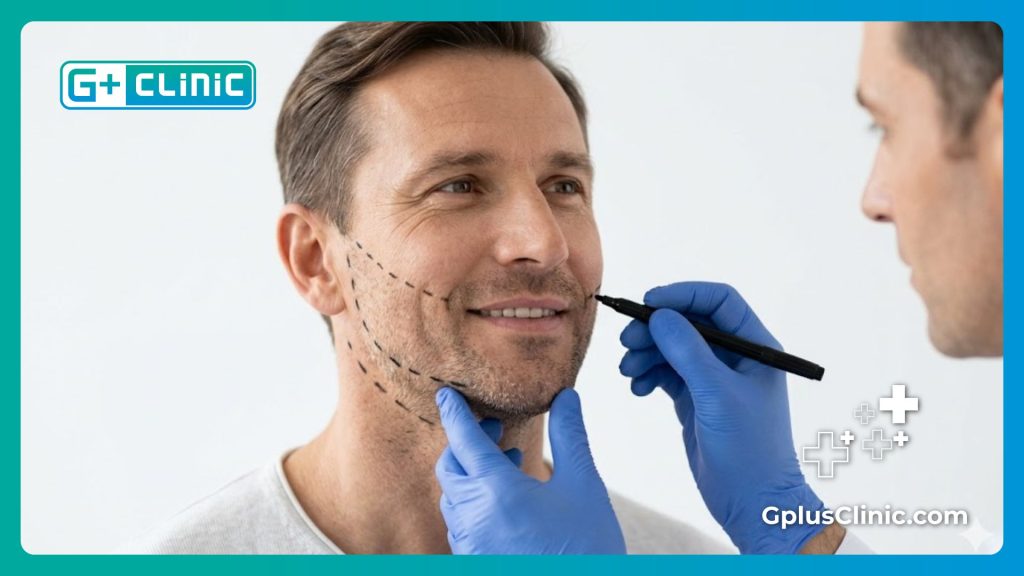 Marquages chirurgicaux précis pour un résultat parfait sur un patient masculin