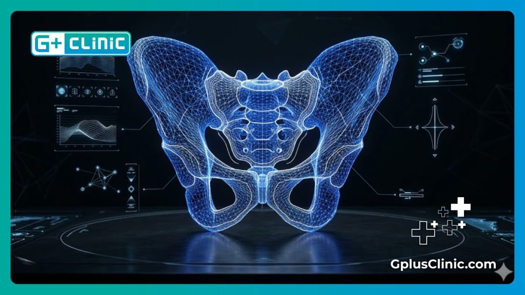 Abstract high-tech holographic mesh scanning the delicate anatomy for precision female wellness.