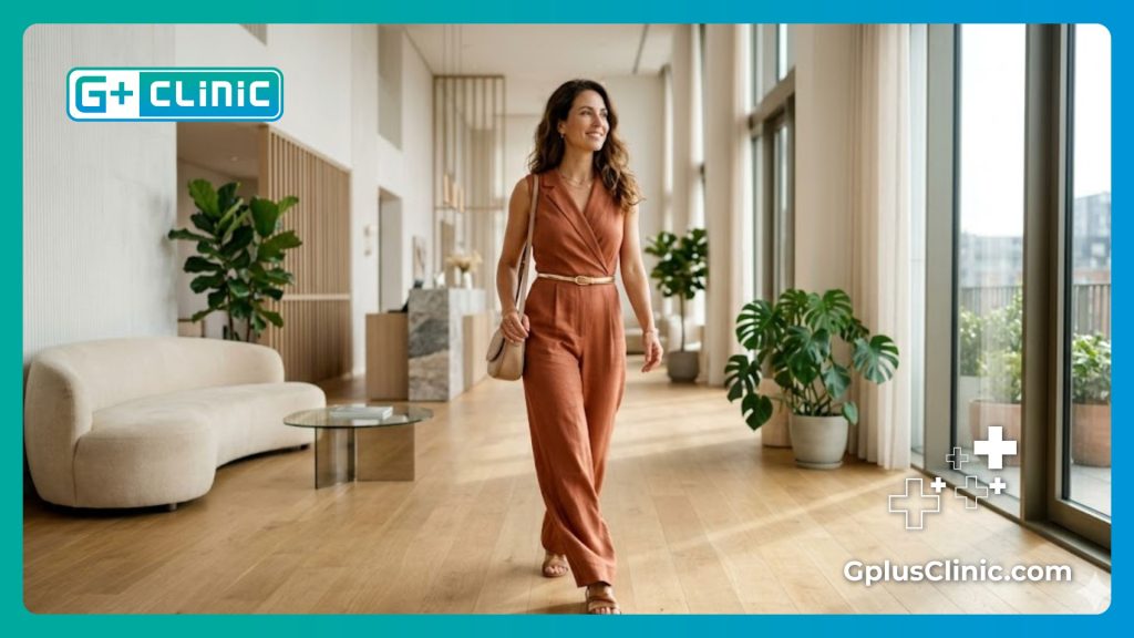 A confident and glowing woman showing the perfect outcome of her wellness and cosmetic journey.