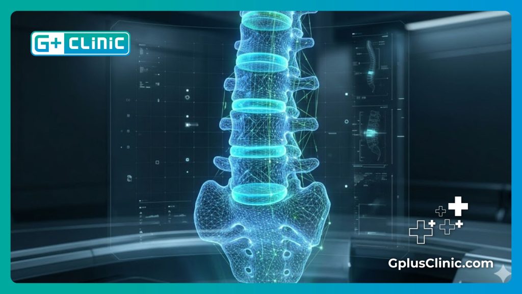 High-tech digital scan visualization of the lumbar spine and discs
