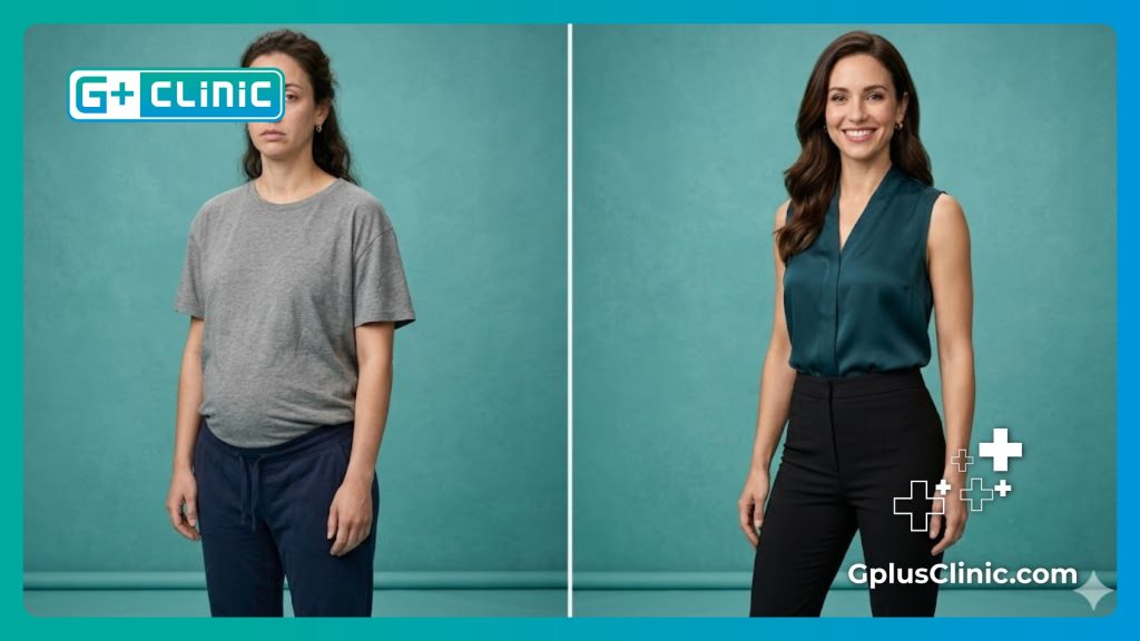 Imagen dividida del antes y después mostrando la transformación del contorno corporal.