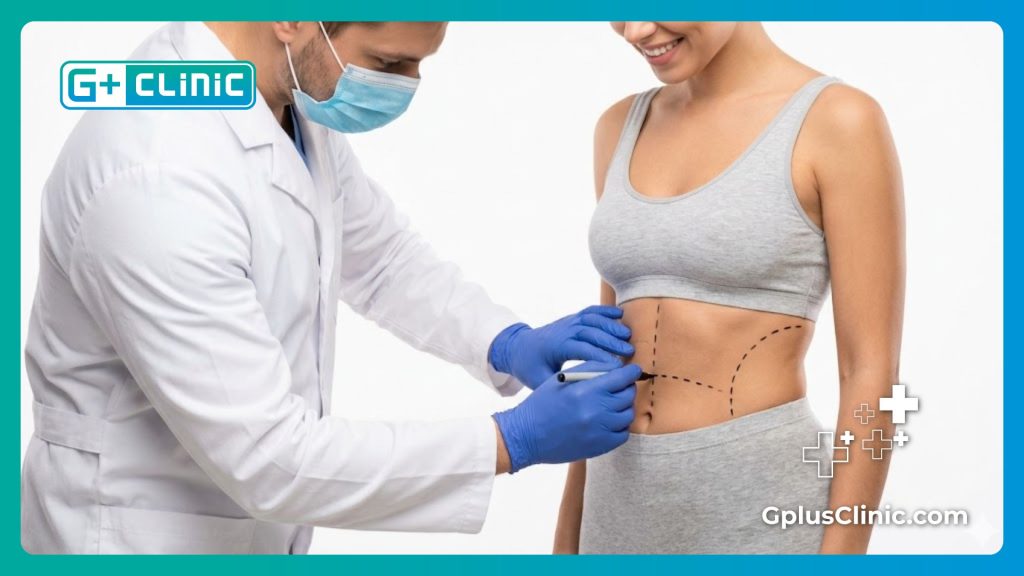 Médico dibujando guías quirúrgicas precisas en el abdomen de la paciente para la operación.