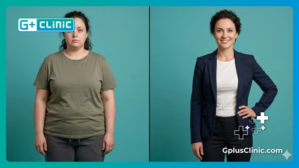 High-tech split screen comparison of body transformation before and after surgery