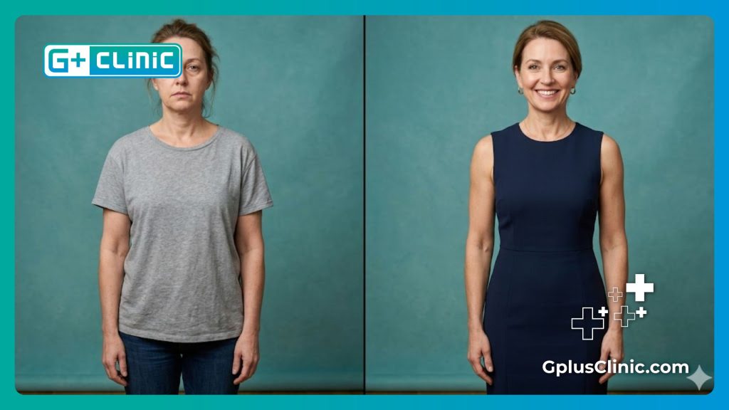 Split screen showing a before and after transformation of an arm lift