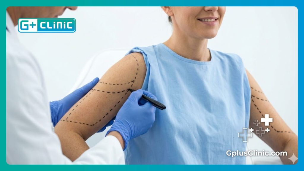 Plastic surgeon marking upper arms for perfect surgical results