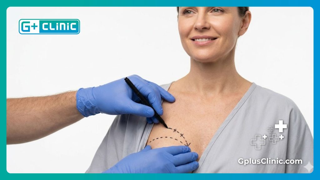 Chirurgien préparant les marquages chirurgicaux pour une augmentation mammaire