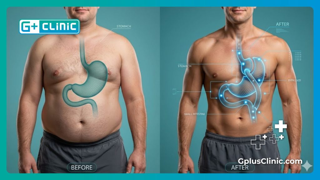 High-tech digital scan and split screen of the stomach area