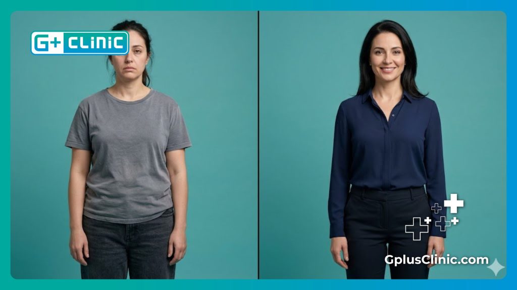 High-tech split screen visualization focusing on the gastric sleeve weight loss results