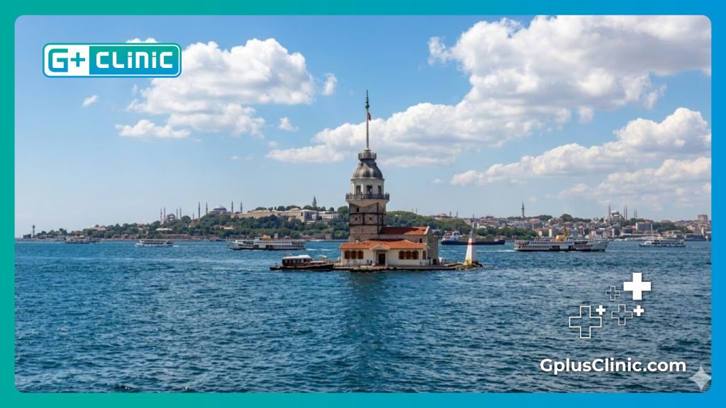 Врач приветствует пациента в Стамбуле на фоне Босфора