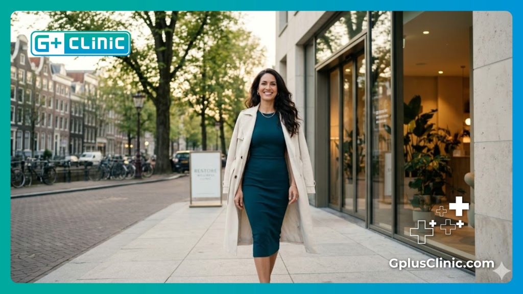 Mujer feliz y elegante que refleja el resultado perfecto del tratamiento