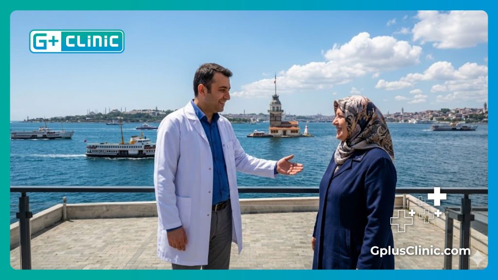 Doctor dando la bienvenida a un paciente en Estambul frente al Bósforo
