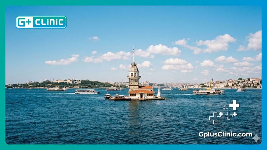 طبيب يرحب بالمرضى في اسطنبول مع مشهد جميل لبرج الفتاة ومضيق البوسفور.
