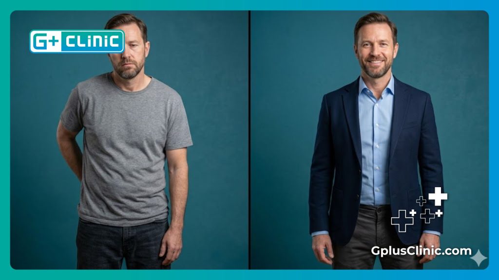 Split-screen showing the remarkable transformation and mobility restoration of a patient