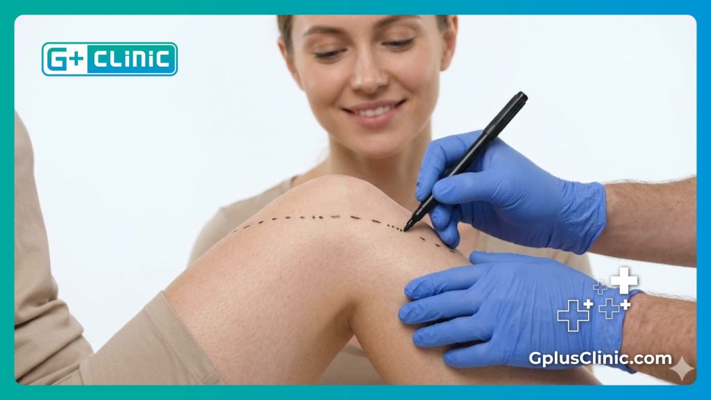 Close-up of an orthopedic surgeon precisely marking the surgical area for an optimal result