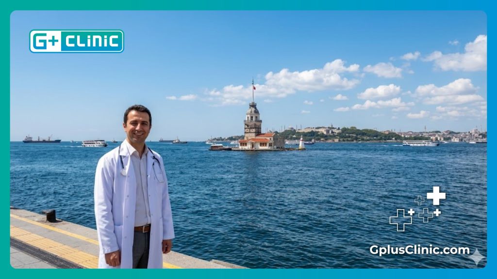 Friendly orthopedic surgeon welcoming a patient to Istanbul near the Bosphorus Strait.