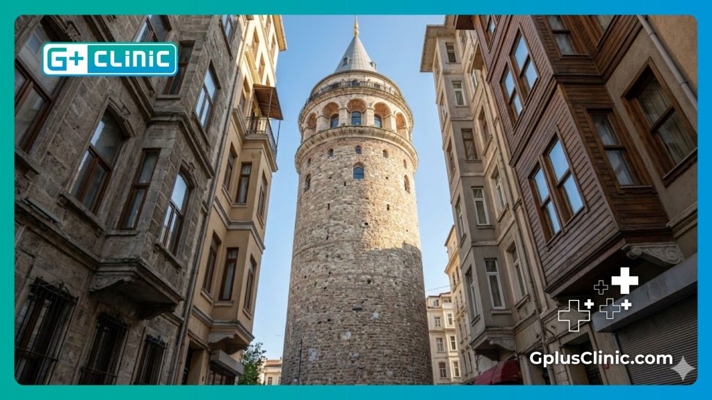 Врач приветствует пациентов в Стамбуле на фоне башни Галата.
