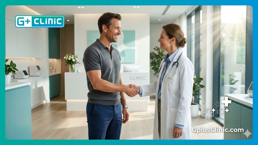 Smiling patient shaking hands with his doctor after a successful and flawless recovery.