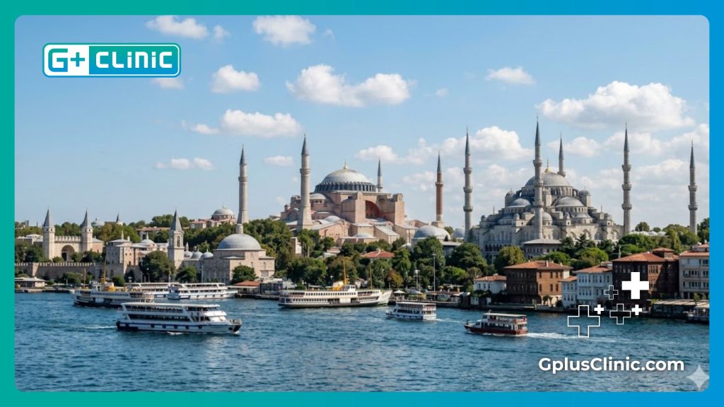 Médico dando la bienvenida a un paciente a Estambul con vistas a Santa Sofía