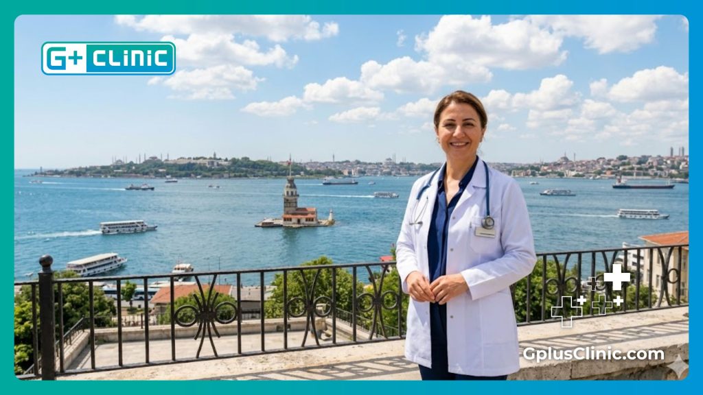 Médico dando la bienvenida a Estambul con la Torre de la Doncella de fondo.