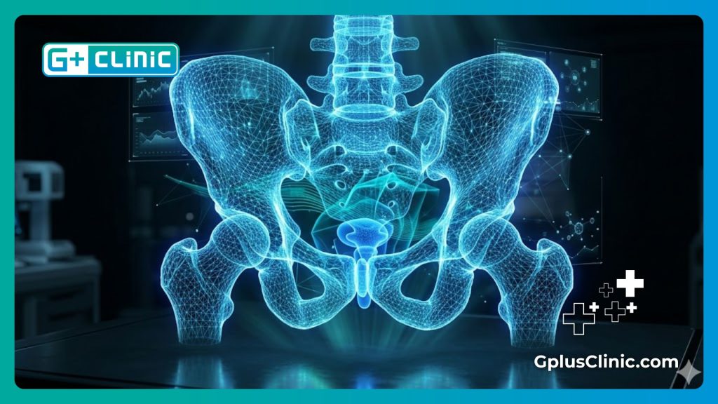 High-tech digital 3D mesh visualization of the male pelvic anatomy