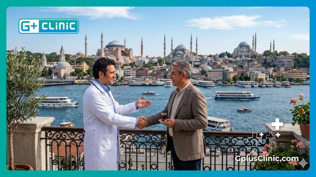 Doctor welcoming patient to Istanbul with the Blue Mosque in background
