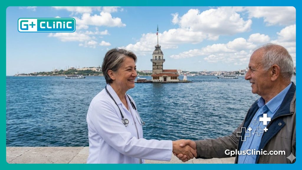 A medical professional welcoming a patient to Istanbul against the beautiful backdrop of the Bosphorus.