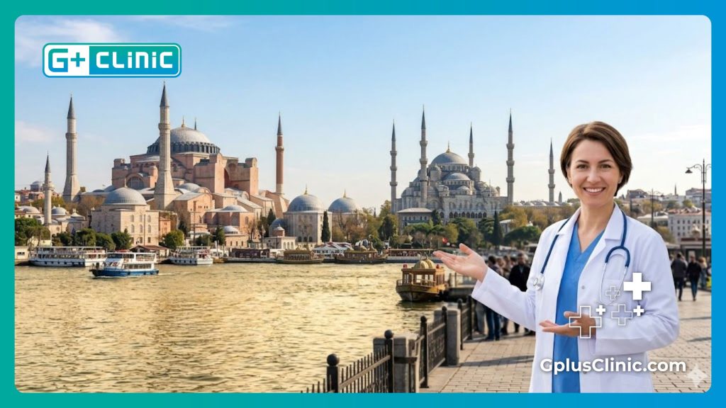 Doctor warmly welcoming a patient in Istanbul near the historic Hagia Sophia