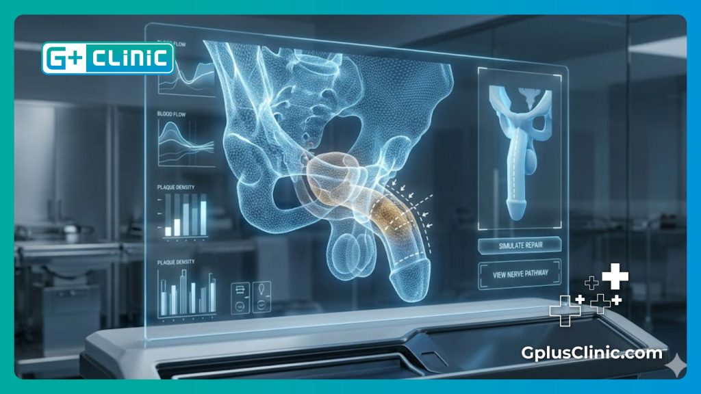 High-tech digital medical scan of the pelvic anatomy for surgical planning.