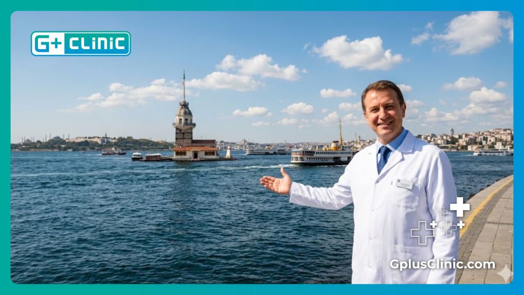 Доктор приветствует пациентов в Стамбуле на фоне пролива Босфор.