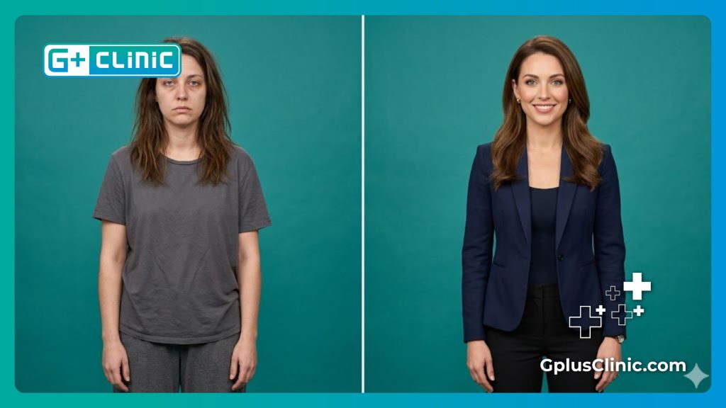 Écran partagé illustrant la transformation esthétique avant et après.