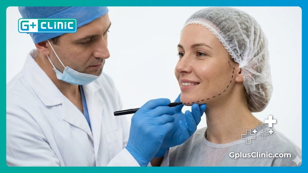 Close up of doctor drawing precise surgical guidelines on a relaxed patient