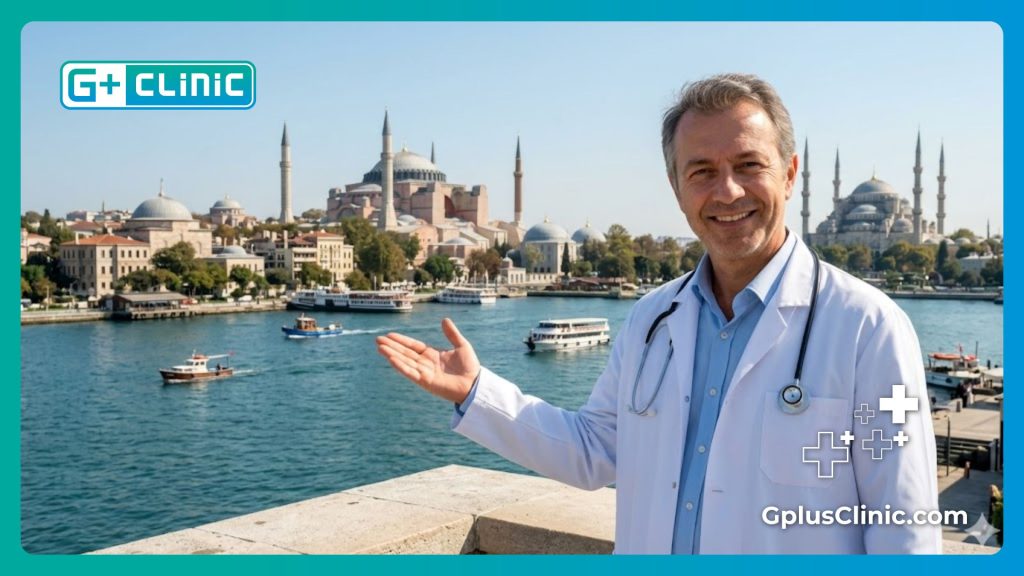 Welcoming doctor with the beautiful Istanbul skyline in the background