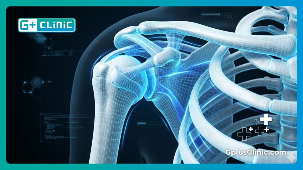 High-tech 3D anatomical mesh scan showing shoulder joint stabilization and ligament reinforcement